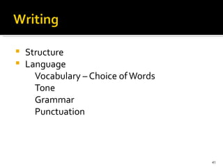 Structure Language  Vocabulary – Choice of Words Tone Grammar Punctuation 