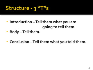 Introduction – Tell them what you are  going to tell them.  Body – Tell them. Conclusion – Tell them what you told them. 