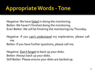 Negative: We have  failed  in doing the monitoring. Better: We haven’t finished doing the monitoring. Even Better: We will be finishing the monitorings by Thursday.    Negative: If you  can’t understand  my explanation, please call me. Better: If you have further questions, please call me.   Negative:  Don’t forget  to back up your disks. Better: Always back up your disks. Still Better: Please ensure your disks are backed up. 