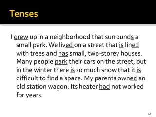 I  grew  up in a neighborhood that surround s  a small park. We liv ed  on a street that  is  lin ed  with trees and  has  small, two-storey houses. Many people  park  their cars on the street, but in the winter there  is  so much snow that it  is  difficult to find a space. My parents own ed  an old station wagon. Its heater  had  not worked for years.  