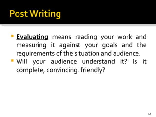 Evaluating  means reading your work and measuring it against your goals and the requirements of the situation and audience.  Will your audience understand it? Is it complete, convincing, friendly? 