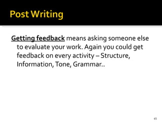 Getting feedback  means asking someone else to evaluate your work. Again you could get feedback on every activity – Structure, Information, Tone, Grammar..  