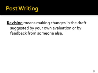 Revising  means making changes in the draft suggested by your own evaluation or by feedback from someone else. 