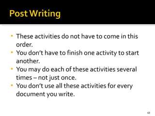 These activities do not have to come in this order.  You don’t have to finish one activity to start another.  You may do each of these activities several times – not just once.  You don’t use all these activities for every document you write. 