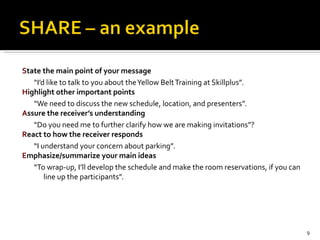 S tate the main point of your message “ I’d like to talk to you about the Yellow Belt Training at Skillplus”.  H ighlight other important points “ We need to discuss the new schedule, location, and presenters”. A ssure the receiver’s understanding “ Do you need me to further clarify how we are making invitations”?  R eact to how the receiver responds “ I understand your concern about parking”.  E mphasize/summarize your main ideas “ To wrap-up, I’ll develop the schedule and make the room reservations, if you can line up the participants”. 