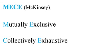 MECE (McKinsey)

Mutually Exclusive

Collectively Exhaustive
 