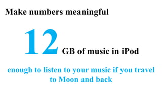 Make numbers meaningful



    12          GB of music in iPod

enough to listen to your music if you travel
             to Moon and back
 