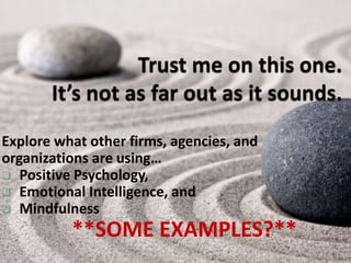 Explore what other firms, agencies, and
organizations are using…
 Positive Psychology,
 Emotional Intelligence, and
 Mindfulness
**SOME EXAMPLES?**
 