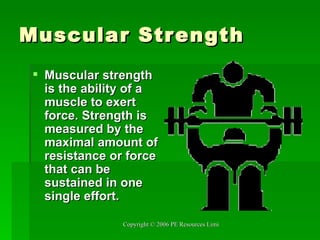Muscular Strength Muscular strength is the ability of a muscle to exert force. Strength is measured by the maximal amount of resistance or force that can be sustained in one single effort. 