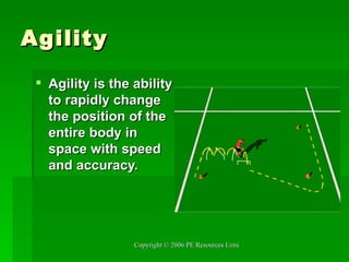 Agility Agility is the ability to rapidly change the position of the entire body in space with speed and accuracy.   