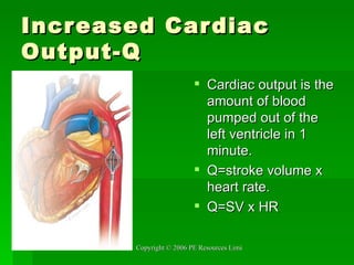 Increased Cardiac Output-Q Cardiac output is the amount of blood pumped out of the left ventricle in 1 minute. Q=stroke volume x heart rate. Q=SV x HR 