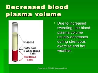 Decreased blood plasma volume Due to increased sweating, the blood plasma volume usually decreases during strenuous exercise and hot weather. 