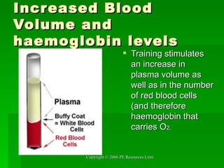 Increased Blood Volume and haemoglobin levels  Training stimulates an increase in plasma volume as well as in the number of red blood cells (and therefore haemoglobin that carries O 2. 