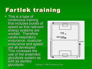 Fartlek training This is a type of continuous training that includes bursts of speed so that relevant energy systems are worked.  Therefore cardio-respiratory endurance, muscular endurance and speed are all developed. This increases the use of the anaerobic glycolysis system as well as aerobic glycolysis.  
