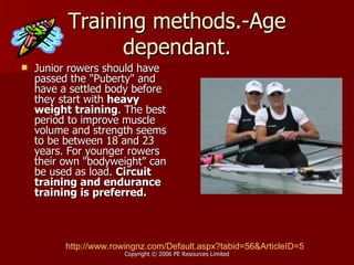 Training methods.-Age dependant. Junior rowers should have passed the "Puberty" and have a settled body before they start with  heavy weight training . The best period to improve muscle volume and strength seems to be between 18 and 23 years. For younger rowers their own "bodyweight" can be used as load.  Circuit training and endurance training is preferred. http:// www.rowingnz.com/Default.aspx?tabid =56&ArticleID=5 