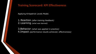 Training Scorecard: KPI Effectiveness
Applying Kirkpatrick Levels Model.
1.Reaction (after training feedback)
2.Learning (what was learned)
3.Behavior (what was applied in practice)
4.Impact (performance results achieved; effectiveness)
 
