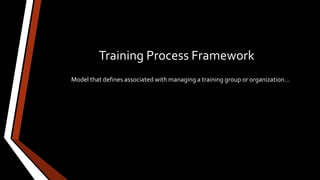 Training Process Framework
Model that defines associated with managing a training group or organization…
 