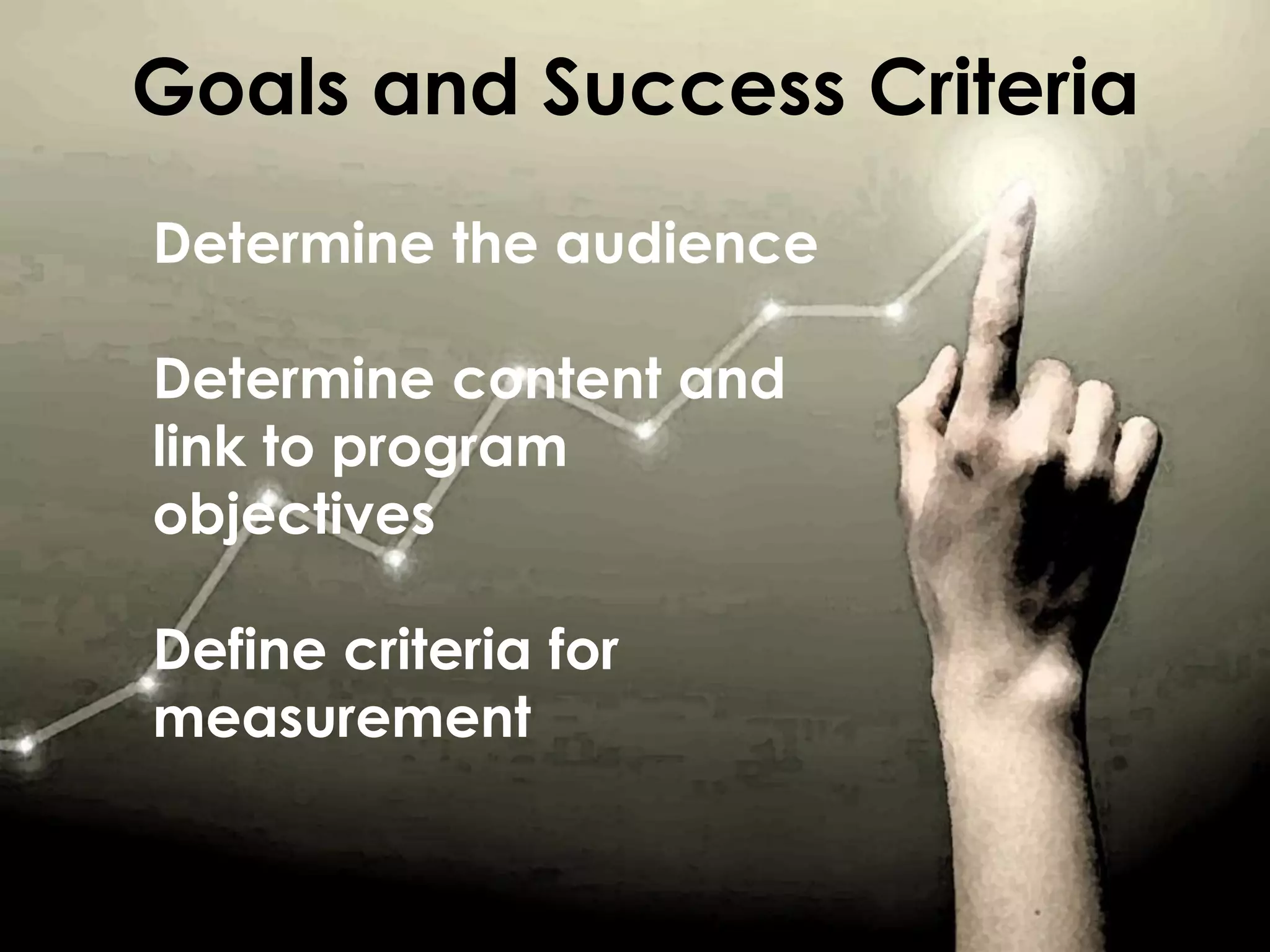 Goals and Success Criteria
Determine the audience
Determine content and
link to program
objectives

Define criteria for
measurement

 