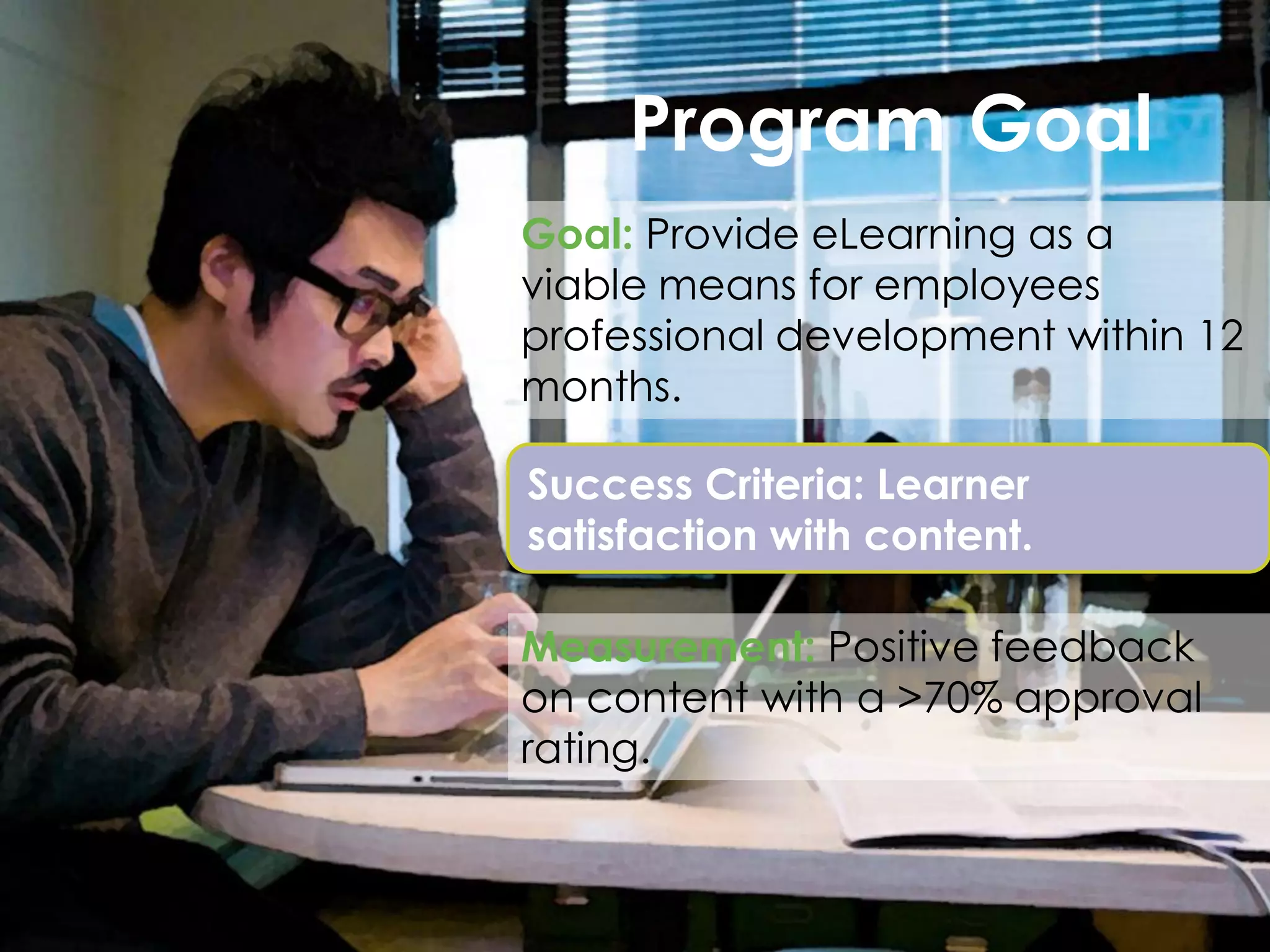 Program Goal
Goal: Provide eLearning as a
viable means for employees
professional development within 12
months.
Success Criteria: Learner
satisfaction with content.

Measurement: Positive feedback
on content with a >70% approval
rating.

 