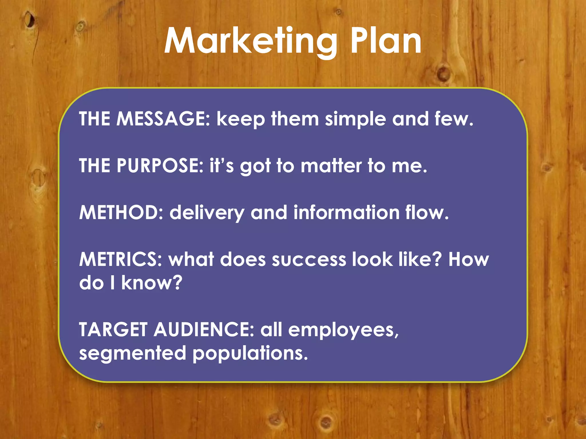 Marketing Plan
THE MESSAGE: keep them simple and few.
THE PURPOSE: it’s got to matter to me.
METHOD: delivery and information flow.
METRICS: what does success look like? How
do I know?
TARGET AUDIENCE: all employees,
segmented populations.

 