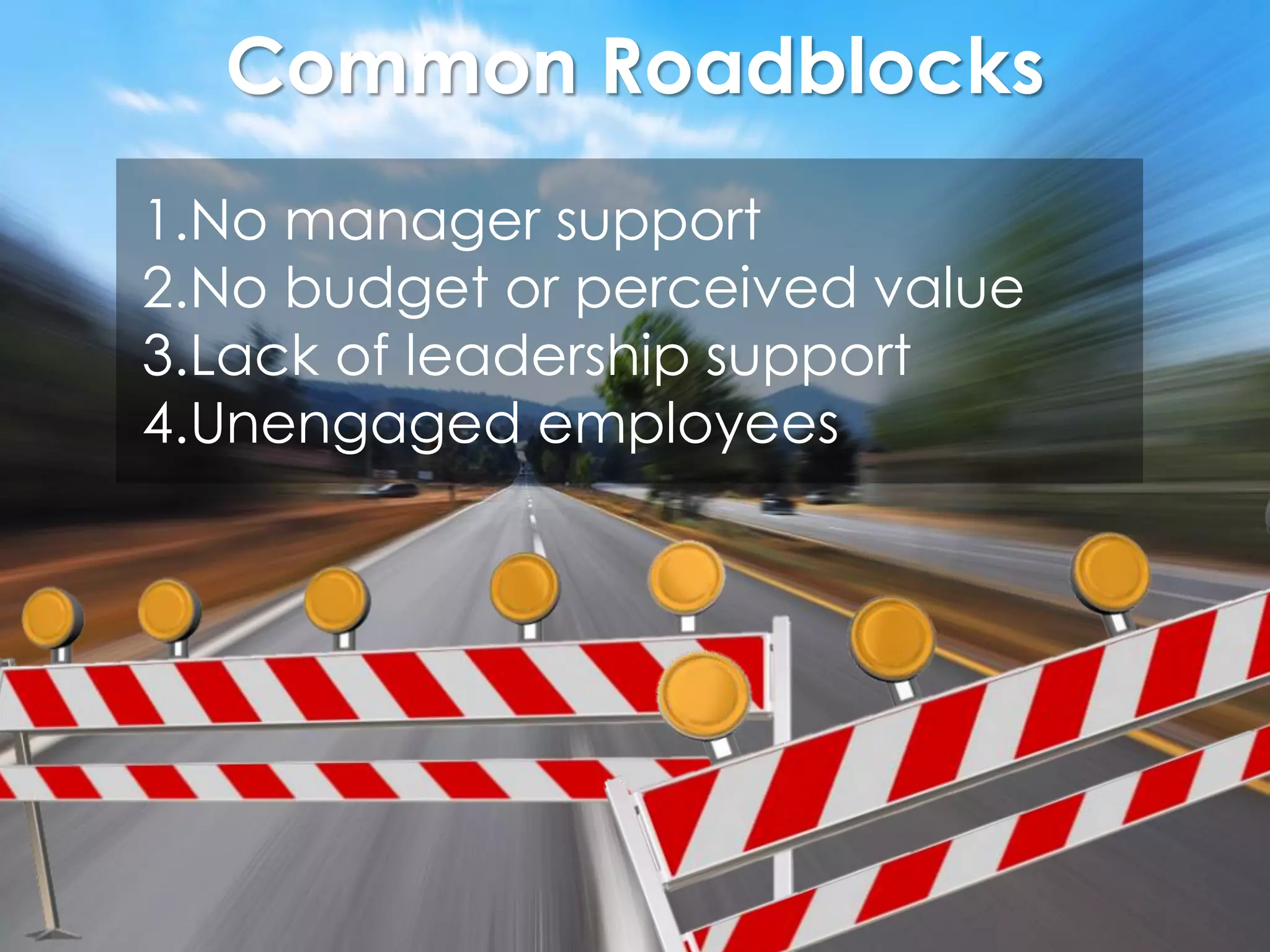 Common Roadblocks
1.No manager support
2.No budget or perceived value
3.Lack of leadership support
4.Unengaged employees

 