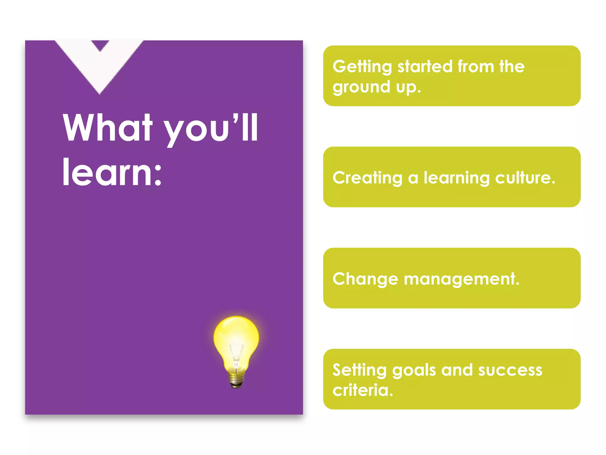Getting started from the
ground up.

What you’ll
learn:

Creating a learning culture.

Change management.

Setting goals and success
criteria.

 