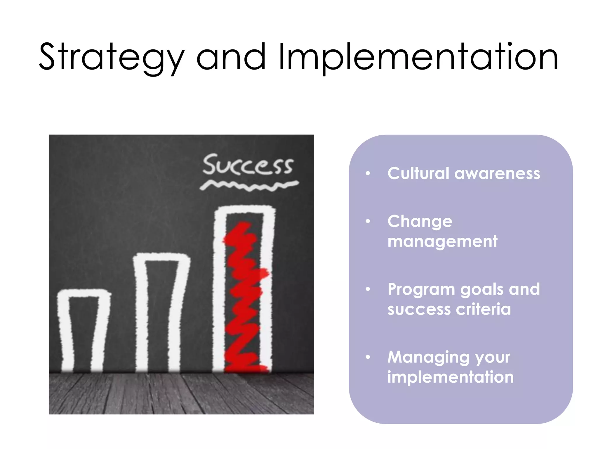 Strategy and Implementation
•

Cultural awareness

•

Change
management

•

Program goals and
success criteria

•

Managing your
implementation

 