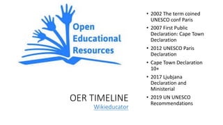 OER TIMELINE
Wikieducator
• 2002 The term coined
UNESCO conf Paris
• 2007 First Public
Declaration: Cape Town
Declaration
• 2012 UNESCO Paris
Declaration
• Cape Town Declaration
10+
• 2017 Ljubjana
Declaration and
Ministerial Statement
• 2019 UN UNESCO
Recommendations
 
