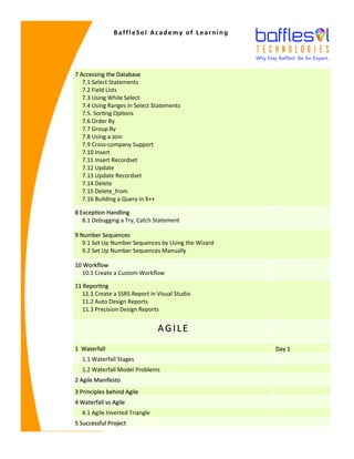 7 Accessing the Database
7.1 Select Statements
7.2 Field Lists
7.3 Using While Select
7.4 Using Ranges in Select Statements
7.5. Sorting Options
7.6 Order By
7.7 Group By
7.8 Using a Join
7.9 Cross-company Support
7.10 Insert
7.11 Insert Recordset
7.12 Update
7.13 Update Recordset
7.14 Delete
7.15 Delete_from
7.16 Building a Query in X++
8 Exception Handling
8.1 Debugging a Try, Catch Statement
9 Number Sequences
9.1 Set Up Number Sequences by Using the Wizard
9.2 Set Up Number Sequences Manually
10 Workflow
10.1 Create a Custom Workflow
11 Reporting
11.1 Create a SSRS Report in Visual Studio
11.2 Auto Design Reports
11.3 Precision Design Reports
AGILE
1 Waterfall Day 1
1.1 Waterfall Stages
1.2 Waterfall Model Problems
2 Agile Manifesto
3 Principles behind Agile
4 Waterfall vs Agile
4.1 Agile Inverted Triangle
5 Successful Project
BaffleSol Academy of Learning
 