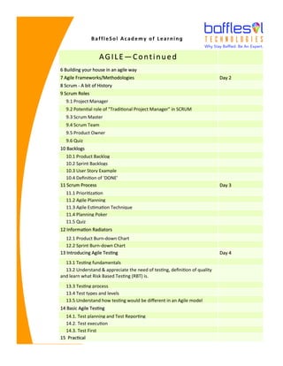 BaffleSol Academy of Learning
AGILE—Continued
6 Building your house in an agile way
7 Agile Frameworks/Methodologies Day 2
8 Scrum - A bit of History
9 Scrum Roles
9.1 Project Manager
9.2 Potential role of "Traditional Project Manager" in SCRUM
9.3 Scrum Master
9.4 Scrum Team
9.5 Product Owner
9.6 Quiz
10 Backlogs
10.1 Product Backlog
10.2 Sprint Backlogs
10.3 User Story Example
10.4 Definition of 'DONE'
11 Scrum Process Day 3
11.1 Prioritization
11.2 Agile Planning
11.3 Agile Estimation Technique
11.4 Planning Poker
11.5 Quiz
12 Information Radiators
12.1 Product Burn-down Chart
12.2 Sprint Burn-down Chart
13 Introducing Agile Testing Day 4
13.1 Testing fundamentals
13.2 Understand & appreciate the need of testing, definition of quality
and learn what Risk Based Testing (RBT) is.
13.3 Testing process
13.4 Test types and levels
13.5 Understand how testing would be different in an Agile model
14 Basic Agile Testing
14.1. Test planning and Test Reporting
14.2. Test execution
14.3. Test First
15 Practical
 