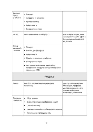 5
Вівторок-
середа
7-8 Липня
 Предмет
 Авторство та власність
 Критерії захисту
 Обсяг захисту
 Використання прав
Дні 4-5 Знаки для товарів та послуг (ЄС) Пан Штефан Мартін, член
Апеляційної палати, Офісу з
інтелектуальної власності
ЄС, Іспанія
Четвер-
п’ятниця 9-
10 Липня
 Предмет
 Вимоги для реєстрації
 Обсяг захисту
 Відміна та визнання недійсним
 Використання прав
 Географічні зазначення, назви місця
походження товару та захищені географічні
зазначення (ЗГЗ)
ТИЖДЕНЬ 2
День 1 Недобросовісна конкуренція (модель
Німеччини)
Доктор Александер фон
Мюлендал, професор,
доктор юридичних наук,
адвокат з «Барделе
Пагенберг», Німеччина
Понеділок
14 вересня
 Обсяг захисту
 Окремі приклади недобросовісних дій
 Способи захисту
 Цивільно-правові способи судового захисту
 Кримінальна відповідальність
 