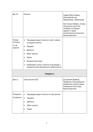 7
Дні 4-5 Патенти
Суддя Райен Калден,
Апеляційний суд
Нідерландів, Нідерланди
Пан Гуілим Робертс, Голова
Патентного агентства
«Кілберн та Строуд»,
адвокат з права
інтелектуальної власності,
Велика Британія
Четвер-
п’ятниця
17-18
вересня
 Процедура видачі патенту та зміст заявки
на видачу патенту
 Предмет
 Дійсність
 Обсяг захисту
 Права
 Використання прав
 Особливості галузі: патенти на винаходи з
використанням програмного забезпечення
ТИЖДЕНЬ 3
День 1 Сорти рослин (ЄС) Д-р Грехем Датфілд,
Професор з міжнародного
управління у Школі права,
Університет міста Лідз,
Велика Британія
Понеділок
21 вересня
 Процедура видачі патенту на сорт рослин
 Предмет
 Дійсність
 Обсяг захисту
 Права
 