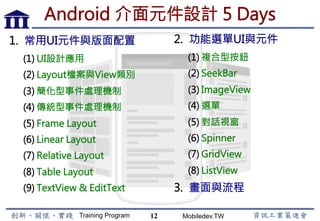 Training Program Mobiledev.TW
Android Studio APP 開發
嶄新開發環境
12
 