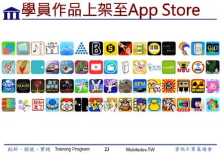Training Program Mobiledev.TW
課程安排
l  上課的進行方式?
−  本班課程目的以培養學員實際技能為導向，因此訓練內
容便以實作為主，講師先講解基本概念後，立即帶領同
學進行範例實作，接著再請同學完成延伸練習。過程中，
講師與助教也會協助同學排除障礙，在課堂中完成學習
歷程。
23
!!
 