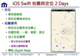 Training Program Mobiledev.TW
iOS Swift 語法入門
1. Hello Swift! Xcode環境認識
2. 變數與常數
3. 陣列與字典
4. 控制流程
5. 函數
6. 物件與類別
8
 