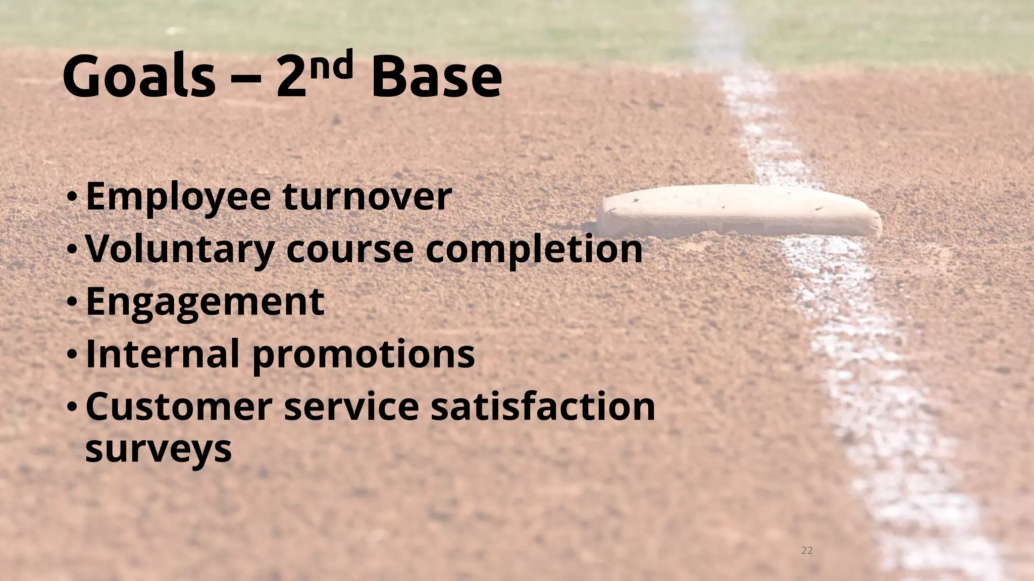 22
•Employee turnover
•Voluntary course completion
•Engagement
•Internal promotions
•Customer service satisfaction
surveys
Goals – 2nd Base
 
