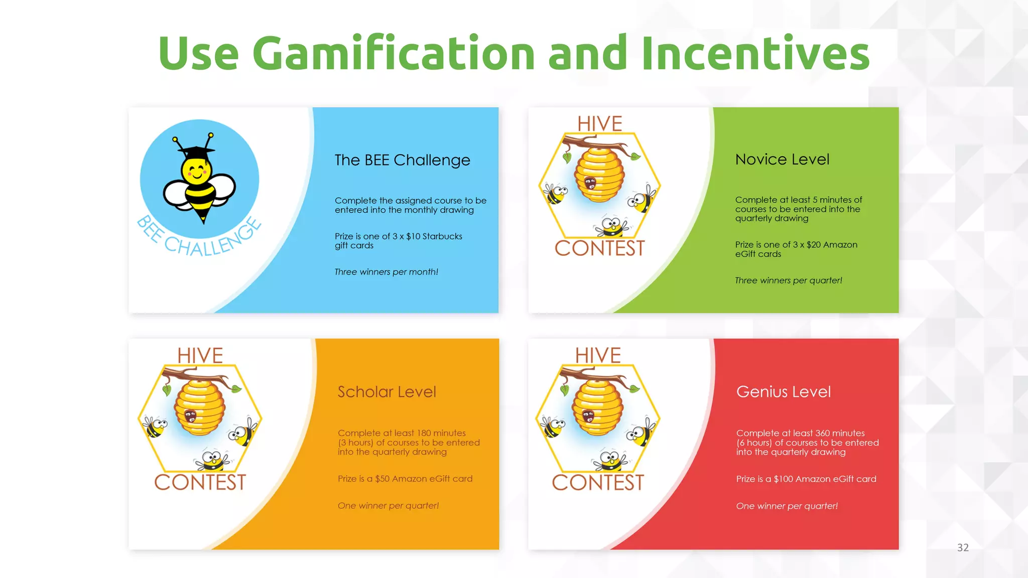32
Use Gamification and Incentives
Use gamification and
incentives.
 