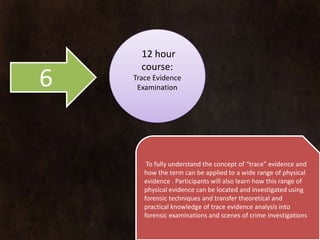 12 hour
      course:
6   Trace Evidence
     Examination




        To fully understand the concept of “trace” evidence and
       how the term can be applied to a wide range of physical
       evidence . Participants will also learn how this range of
       physical evidence can be located and investigated using
       forensic techniques and transfer theoretical and
       practical knowledge of trace evidence analysis into
       forensic examinations and scenes of crime investigations
 
