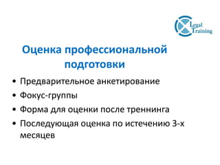 Оценка профессиональной
подготовки
• Предварительное анкетирование
• Фокус-группы
• Форма для оценки после треннинга
• Последующая оценка по истечению 3-х
месяцев