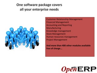 One software package covers
 all your enterprise needs

                 Customer Relationship Management
                 Financial Management
                 Accounting and Reporting
                 Manufacturing
                 Knowledge management
                 Stock Management
                 Human resources management
                 Project Management

                 And more than 400 other modules available
                 free of charge...
 
