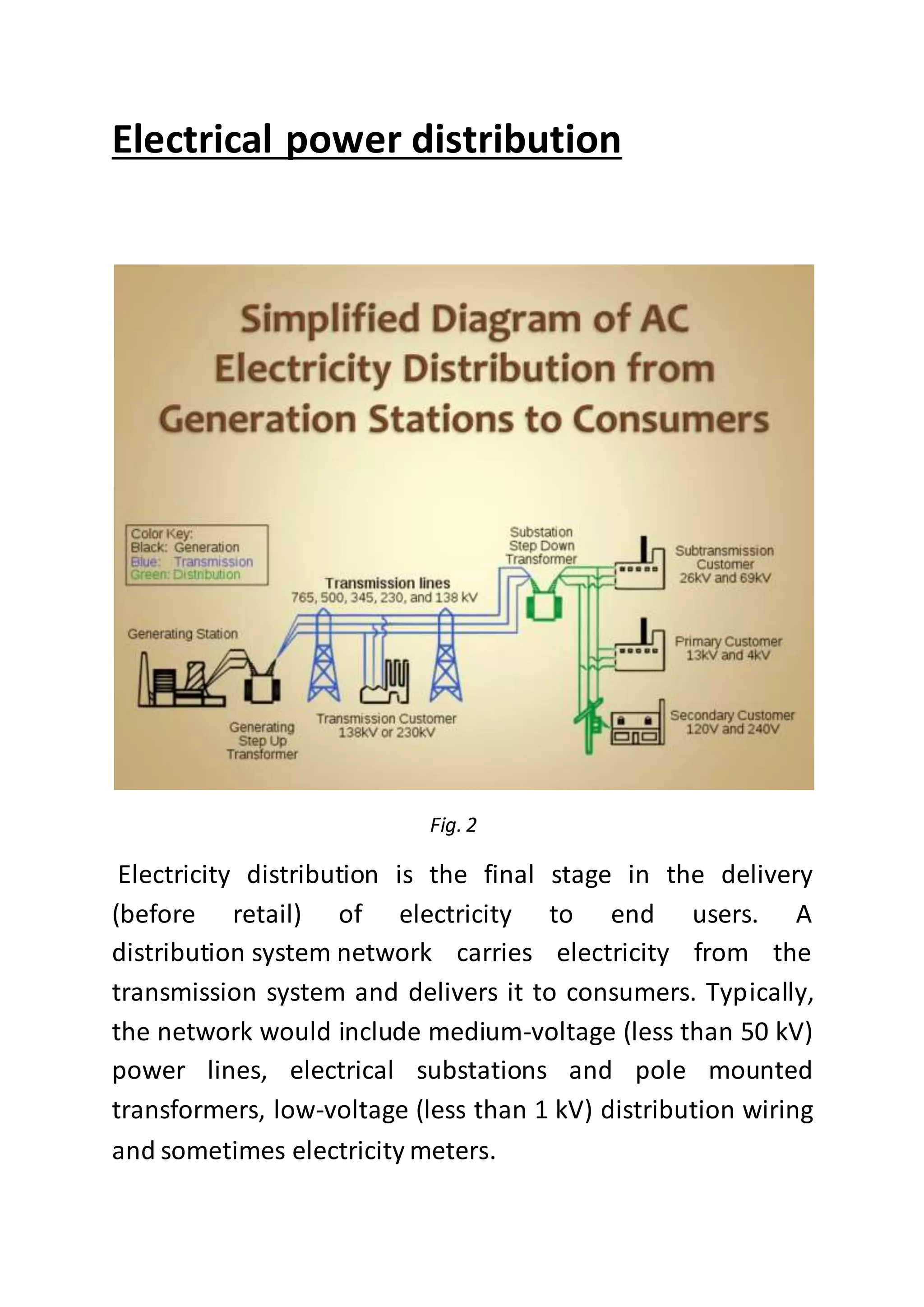 Electrical power distribution
Fig. 2
Electricity distribution is the final stage in the delivery
(before retail) of electricity to end users. A
distribution system network carries electricity from the
transmission system and delivers it to consumers. Typically,
the network would include medium-voltage (less than 50 kV)
power lines, electrical substations and pole mounted
transformers, low-voltage (less than 1 kV) distribution wiring
and sometimes electricity meters.
 