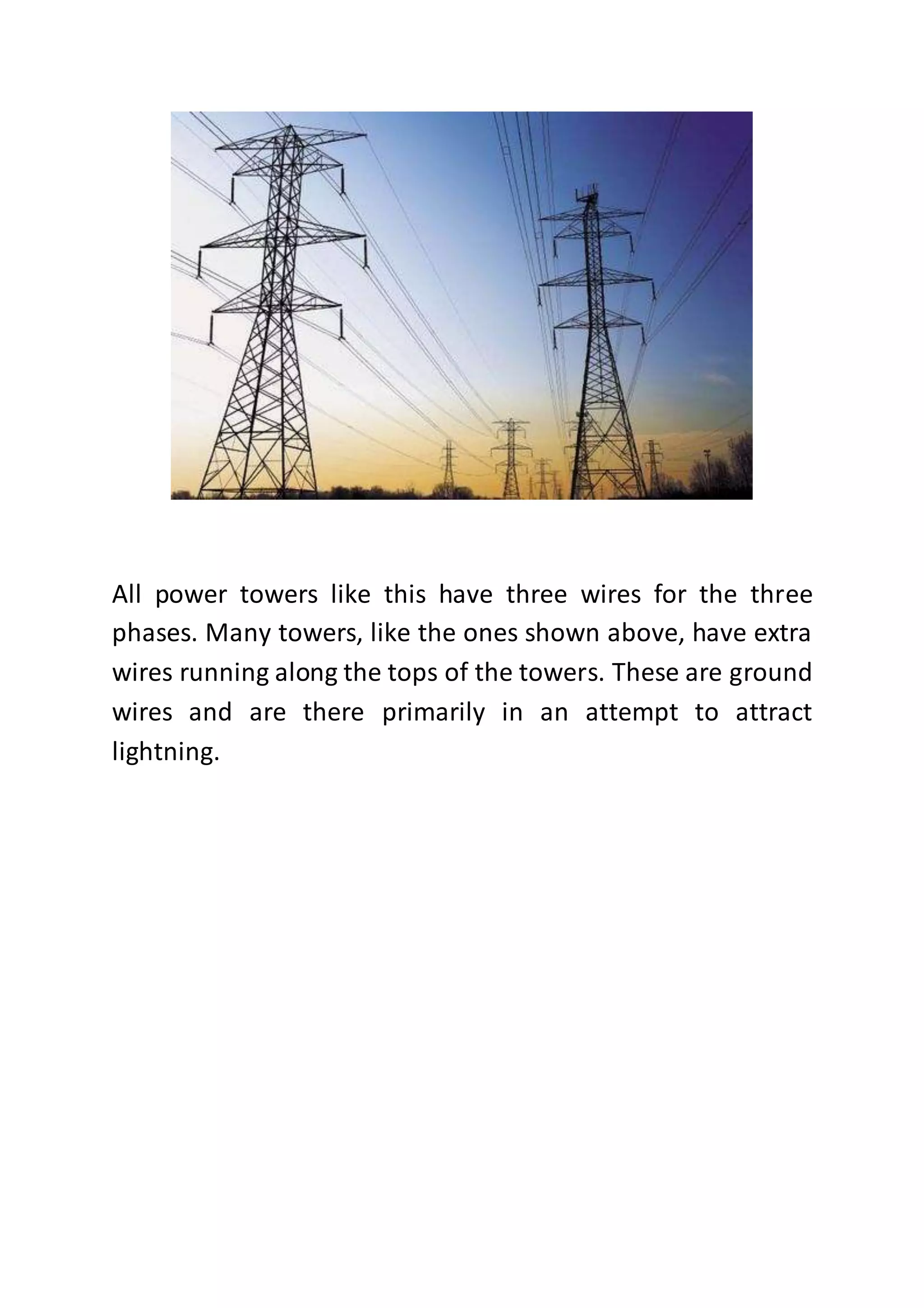 All power towers like this have three wires for the three
phases. Many towers, like the ones shown above, have extra
wires running along the tops of the towers. These are ground
wires and are there primarily in an attempt to attract
lightning.
 