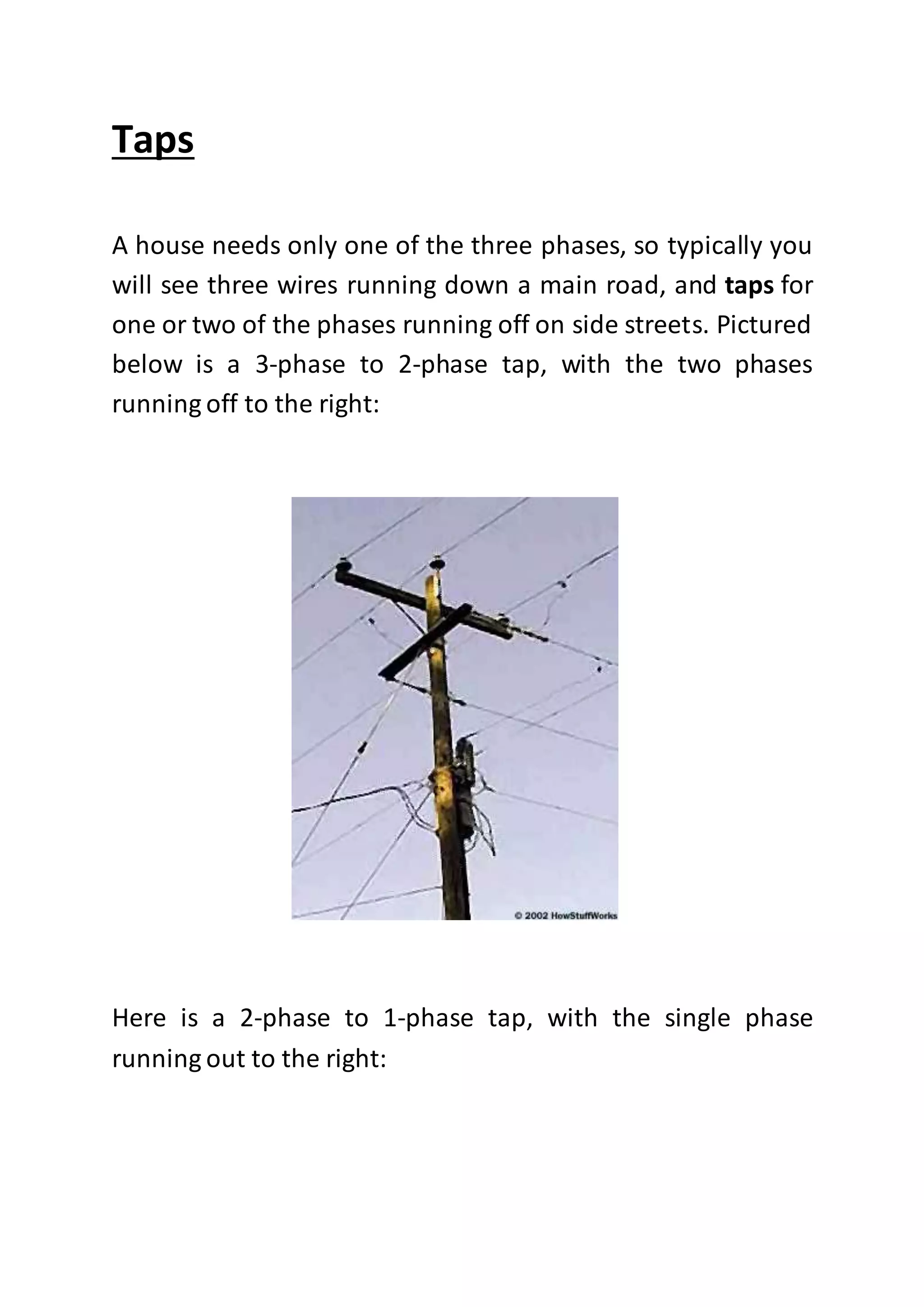 Taps
A house needs only one of the three phases, so typically you
will see three wires running down a main road, and taps for
one or two of the phases running off on side streets. Pictured
below is a 3-phase to 2-phase tap, with the two phases
running off to the right:
Here is a 2-phase to 1-phase tap, with the single phase
running out to the right:
 