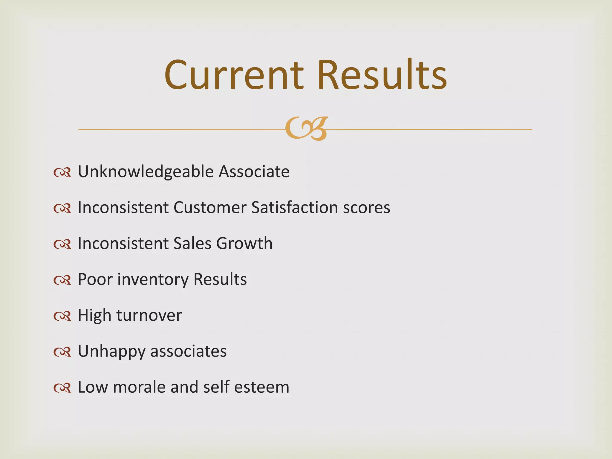 Current Results
Unknowledgeable Associate
Inconsistent Customer Satisfaction scores
Inconsistent Sales Growth
Poor inventory Results
High turnover
Unhappy associates
Low morale and self esteem