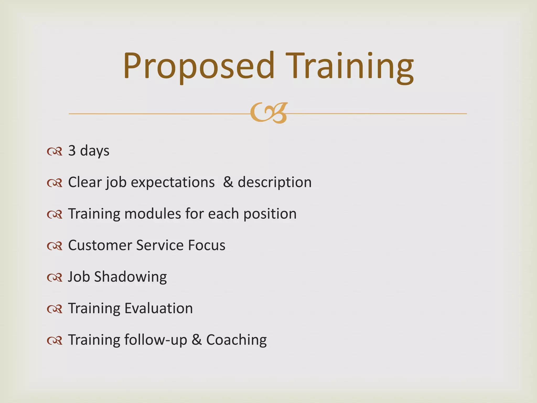 Proposed Training
3 days
Clear job expectations & description
Training modules for each position
Customer Service Focus
Job Shadowing
Training Evaluation
Training follow-up & Coaching