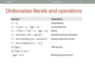 5/22/2011            Training Python   7




Dictionaries literals and operations
 