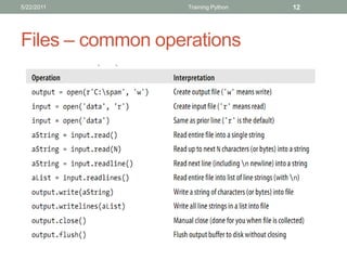 5/22/2011         Training Python   12




Files – common operations
 