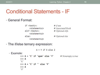 9/2/2011                      Learning Python Chapter 2   11




Conditional Statements - IF
• General Format:




• The if/else ternary expression:


   • Example:
 