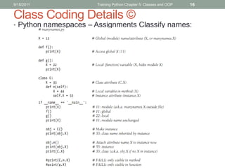 9/18/2011             Training Python Chapter 5: Classes and OOP   16

Class Coding Details ©
• Python namespaces – Assign...