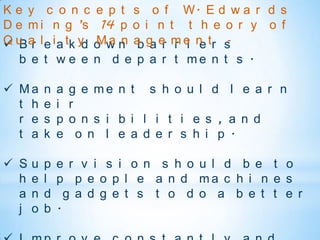Ke y c o n c e p t         s o f W. E d w a r d s
D e m i n g ’s 14 p        o i n t t h e o r y o f
Q u a l e i a tk y o w n
 Br              d Ma n                  -
                           a g e m e n tr s
                            b a r r i e
   b e t w e e n d e p a r t me n t s .

 Ma      n   a   g e me n t s h o u l d l e a r n
  t h     e   i   r
  r e     s   p   o n s i b i l i t i e s , a n d
  t a     k   e     o n l e a d e r s h i p .

 S   u   p   e r v i s i o n s h o u l d b e t o
  h   e   l   p p e o p l e a n d ma c h i n e s
  a   n   d     g a d g e t s t o d o a b e t t e r
  j   o   b   .
 